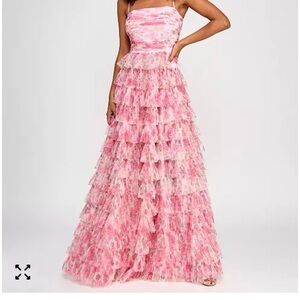 B Darlin Pink Floral Tiered Ruffle Maxi Gown